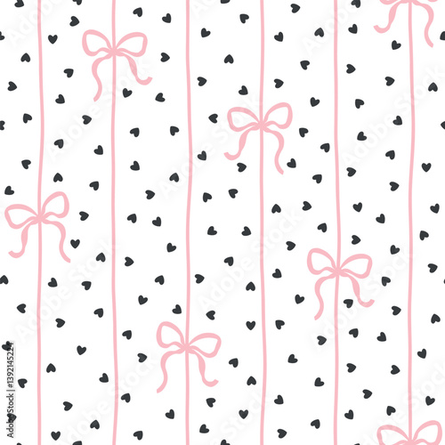 Flirty bows and ribbons are tied into vertical. Vector seamless pattern, background of hearts in polka dots. Preppy cute cartoon hand-drawn illustration. textile printing, baby clothes, scrapbooking.
