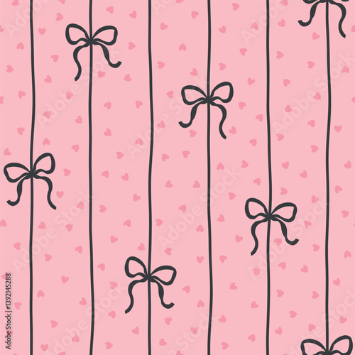 Flirty bows and ribbons are tied into vertical. Vector seamless pattern, background of hearts in polka dots. Preppy cute cartoon hand-drawn illustration. textile printing, baby clothes, scrapbooking.