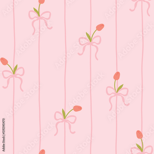 Cute kawaii vector seamless pattern with white tulip and pink bows on soft pastel background. Perfect for baby clothes, nursery decor, scrapbooking, wrapping paper, textile, stationery