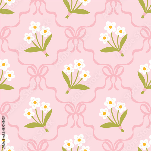 Floral seamless pattern with cute bouquets of daisies and flirty bows tied with net ribbons on a soft pastel background. Perfect for kids clothing, textiles, nursery, stationery, scrapbooking.