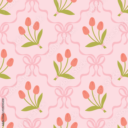 Floral seamless pattern with cute bouquets of tulips and flirty bows tied with net ribbons on a soft pastel background. Perfect for kids clothing, textiles, nursery, stationery, scrapbooking.