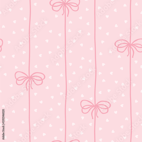 Flirty bows and ribbons are tied into vertical. Vector seamless pattern, background of hearts in polka dots. Preppy cute cartoon hand-drawn illustration. textile printing, baby clothes, scrapbooking.