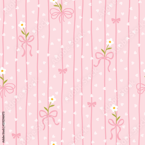 Cute kawaii vector seamless pattern with white daisies and blue bows on soft pastel background. Perfect for baby clothes, nursery decor, scrapbooking, wrapping paper, textile, stationery.