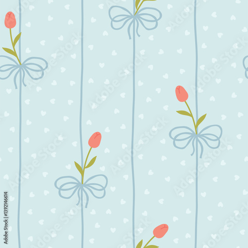 Cute kawaii vector seamless pattern with white tulip and blue bows on background of hearts in polka dots. Perfect for baby clothes, nursery decor, scrapbooking, wrapping paper, textile, stationery.