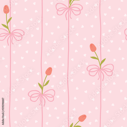Cute kawaii vector seamless pattern with white tulip and pink bows on background of hearts in polka dots. Perfect for baby clothes, nursery decor, scrapbooking, wrapping paper, textile, stationery.
