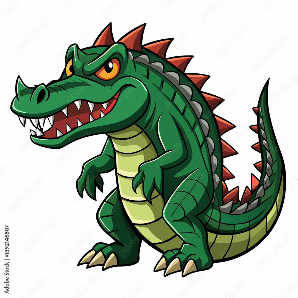 Fototapeta premium cartoon, dinosaur, animal, dragon, vector, illustration, crocodile, lizard, reptile, monster, green, fun, art, alligator, character, funny, dino, cute, drawing, t-rex, smile, fantasy, wild, tyrannosau