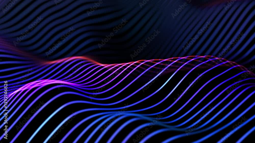 3D ultraviolet waves of information flowing in virtual space. Digital technology concept: artificial intelligence, big data science or digital sound waves equalizer. 4K looped video, black background