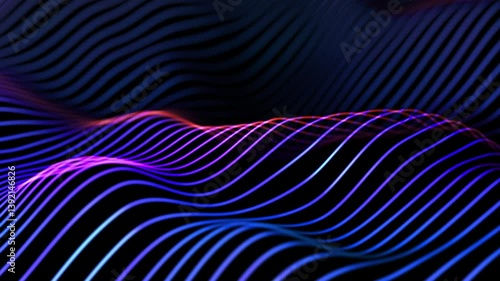 3D ultraviolet waves of information flowing in virtual space. Digital technology concept: artificial intelligence, big data science or digital sound waves equalizer. 4K looped video, black background