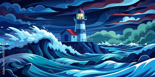 Stormy Night at Sea with Waves Against Lighthouse – Dark Ocean Vector Scene