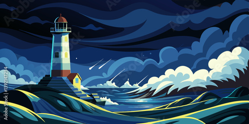 Stormy Night at Sea with Waves Against Lighthouse – Dark Ocean Vector Scene