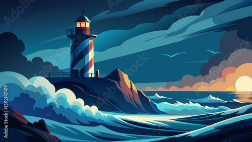 Stormy Night at Sea with Waves Against Lighthouse – Dark Ocean Vector Scene