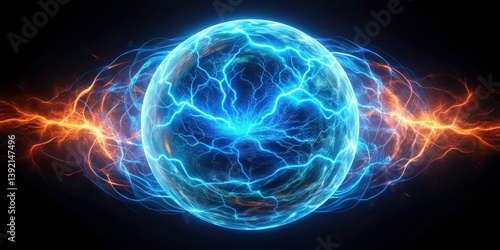 Panoramic Electric Sphere: Glowing Orb Energy Tendrils Dark Background Abstract Art