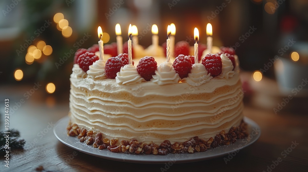 Layered celebration cake with glowing candles, warmth and joy in soft light Layered celebration cake with glowing candles, warmth and joy in soft light