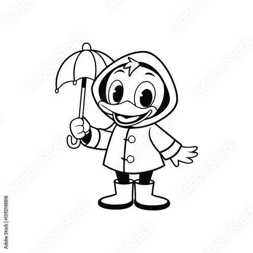 Line art drawing of a duck in a raincoat and boots and holding a tiny umbrella.eps