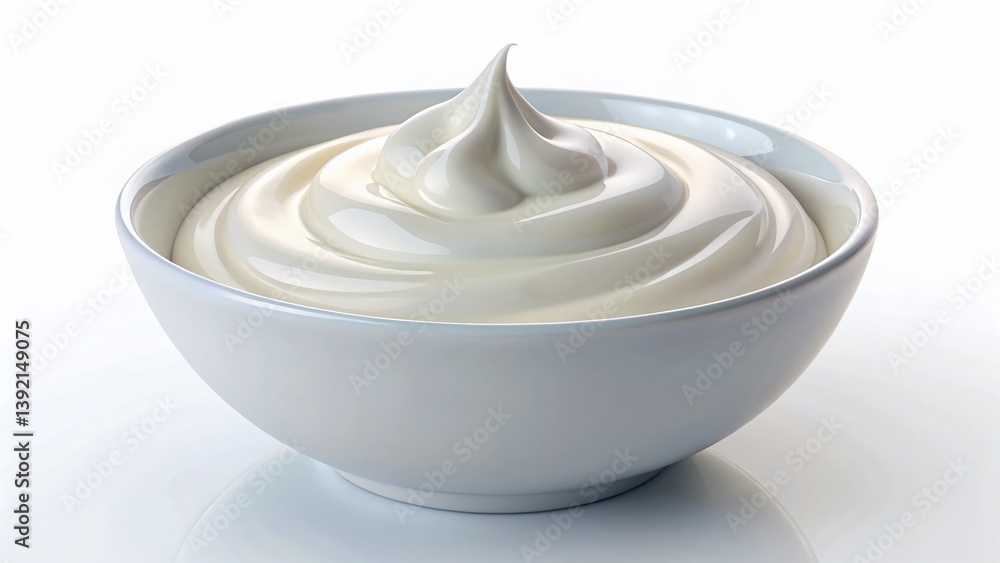 Creamy White Yogurt or Sour Cream in Bowl - Isolated on White Background Creamy White Yogurt or Sour Cream in Bowl - Isolated on White Background