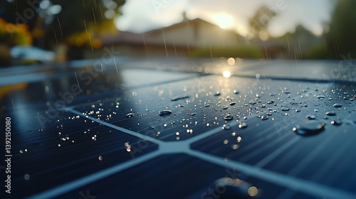 Solar panels in the rain, sunset in background, close-up view. Possible use Stock photo for renewable energy, sustainable living, or nature imagery