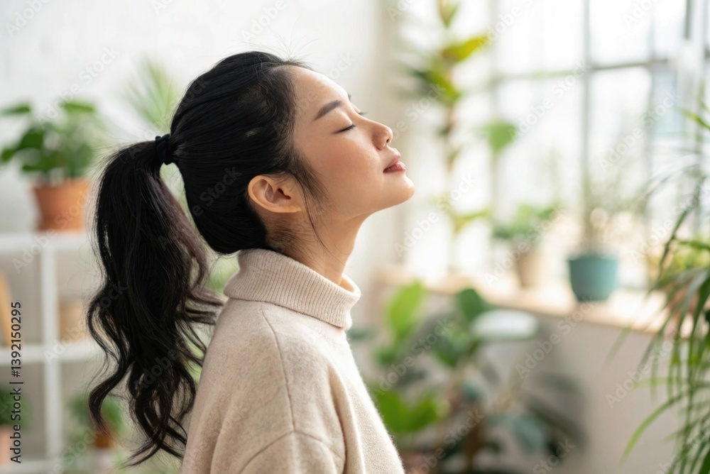Young woman relaxing at home with closed eyes, enjoying fresh air and positive energy in a bright, plant-filled indoor environment