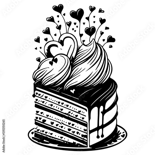 Illustrative valentine's day cake slice with hearts for a romantic design