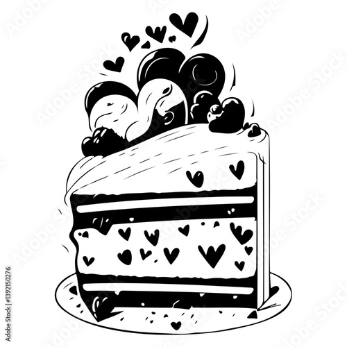 Monochrome confectionery elegance: A heart-adorned cake slice for celebratory moments