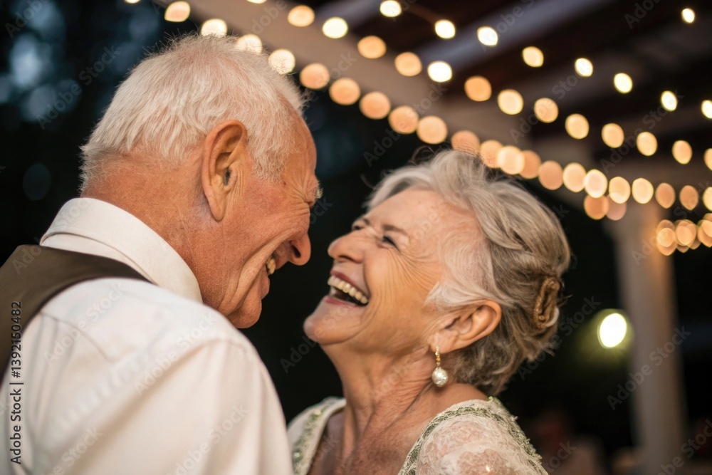 Joyful elderly couple sharing a heartfelt moment under string lights at an outdoor celebration, showcasing love and happiness in a beautiful setting
