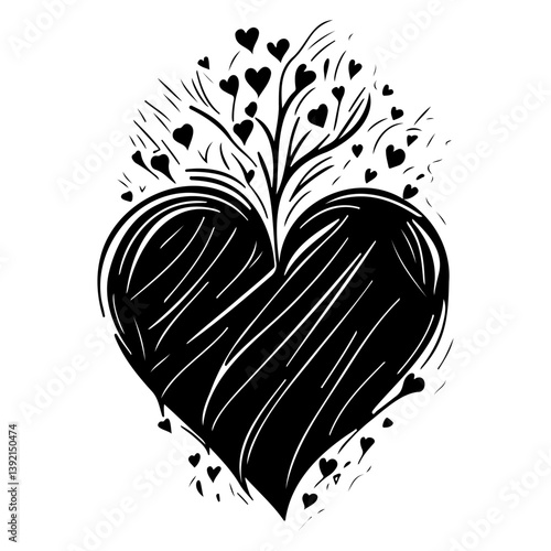 Abstract artistic heart with sprouting branches and floating hearts illustration