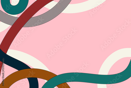 Playful Retro Stripe Lines Pattern on Soft Pink Background. Flowing colorful wavy lines and arcs with vibrant, youthful aesthetic. Perfect for branding, invitations, and social media graphics, wall