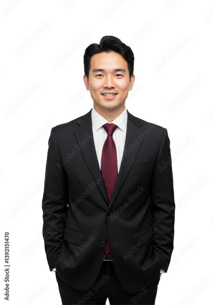 Professional businessman in a suit smiling confidently against a plain background