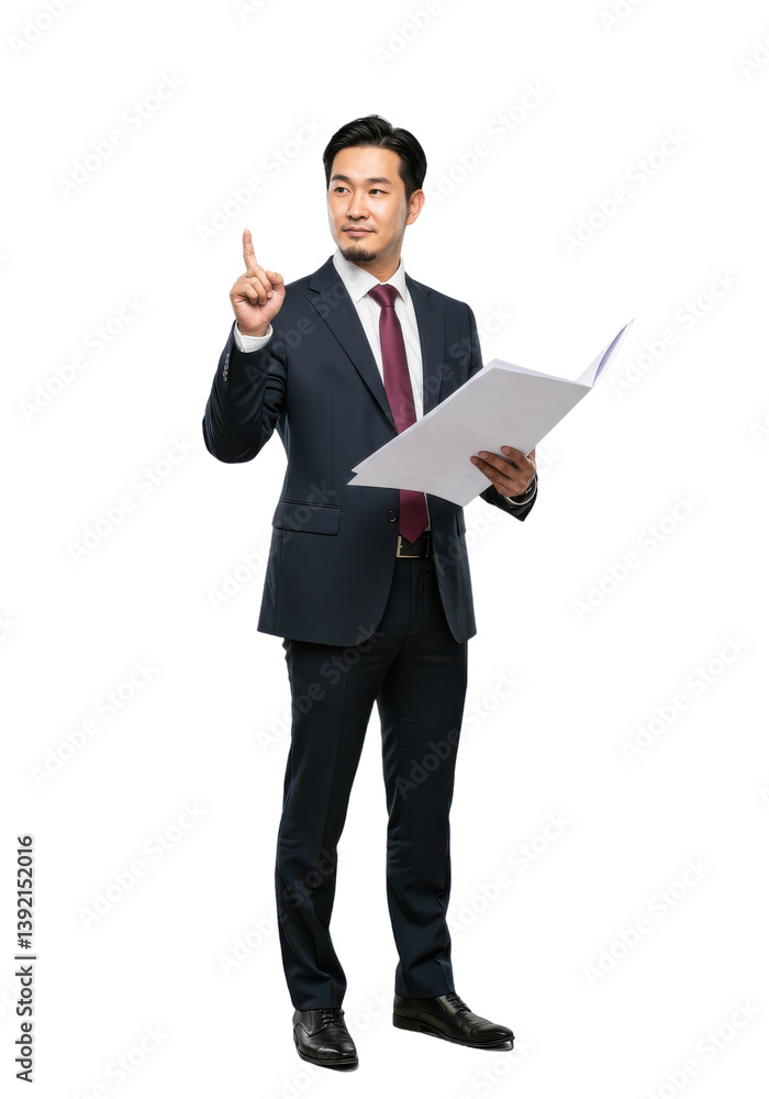 Business professional presenting ideas confidently with documents in hand, office setting Business professional presenting ideas confidently with documents in hand, office setting