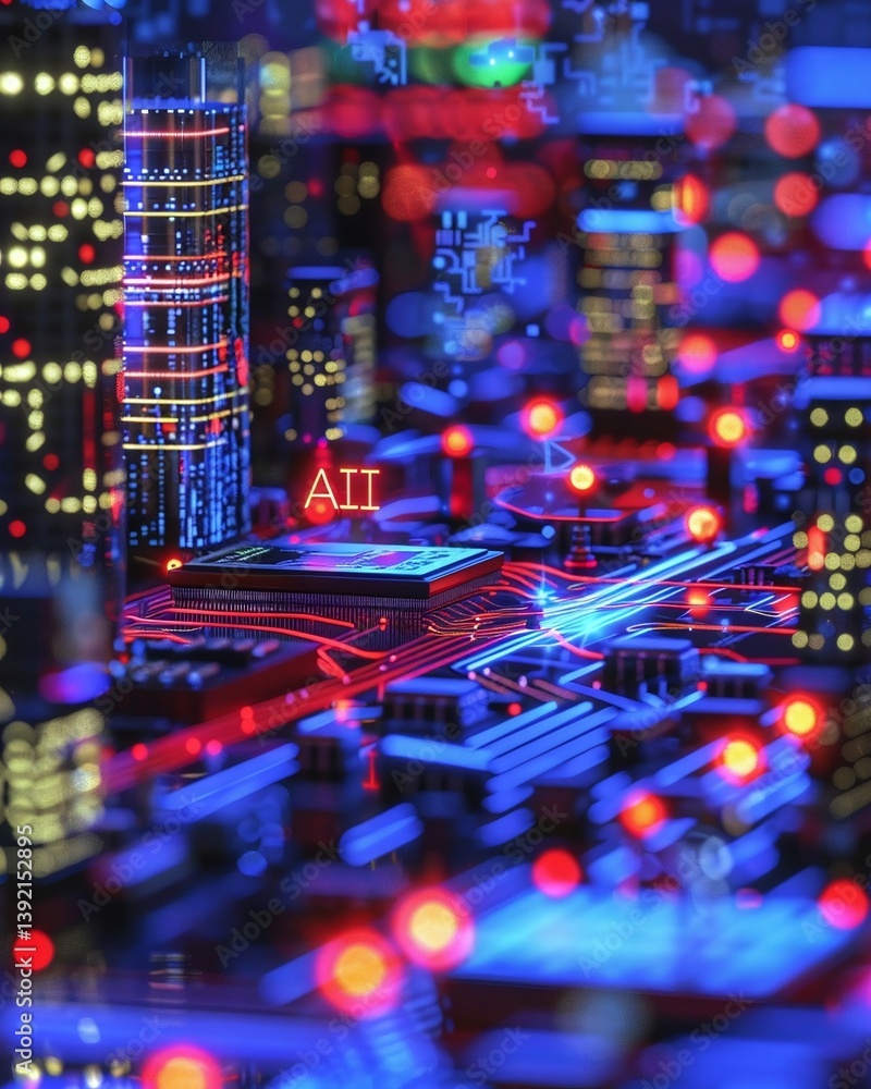 Obraz premium Futuristic cityscape with vibrant lights and technology elements, showcasing AI integration and urban life