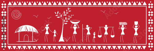 Warli Folk Tribal Art or sora tribe art for Odisha or Maharashtra Tribal Stick Figures Indian tradition tribal art vector of rural village life.