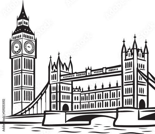 London Landmark Line Art – Big Ben and Tower Bridge Vector Illustration