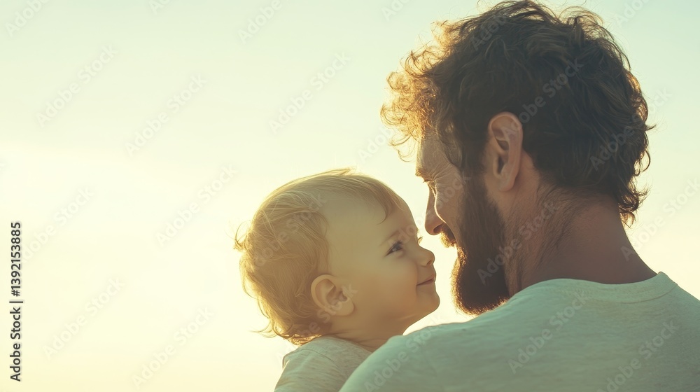 Tender moment of smiling father and adorable toddler sharing deep affection and connection in warm sunlight