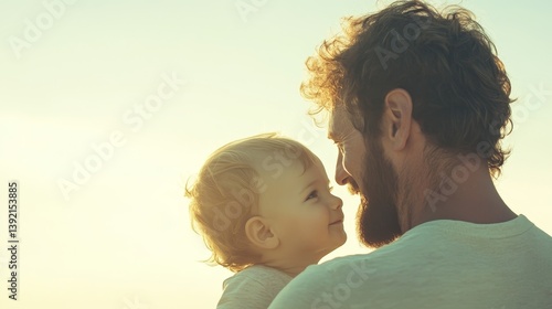 Obraz na płótnie Tender moment of smiling father and adorable toddler sharing deep affection and connection in warm sunlight w salonie