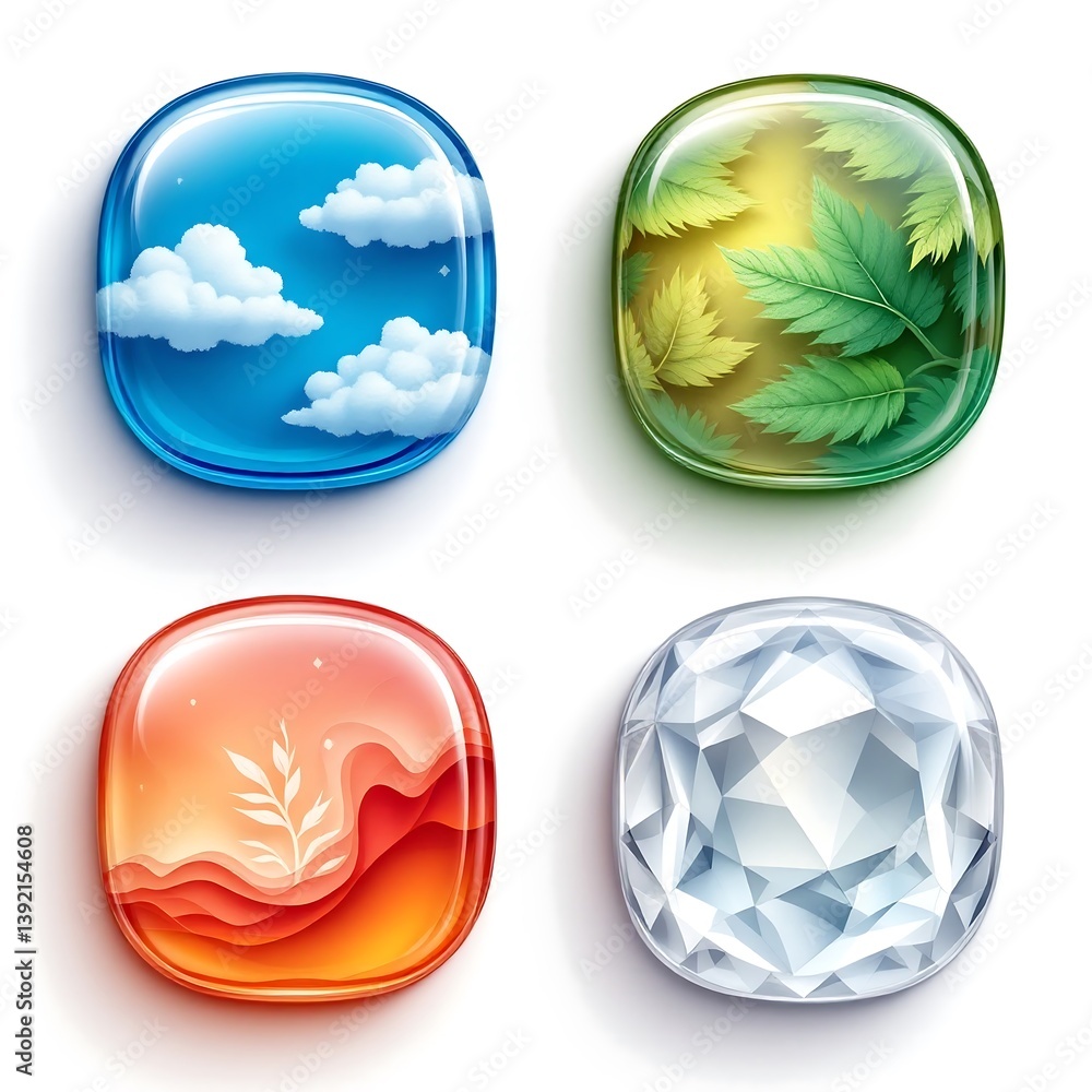 Serene glass gems showcasing sky, leaves, sunset, and crystal, capturing nature's beauty with soft, vibrant hues. Serene glass gems showcasing sky, leaves, sunset, and crystal, capturing nature's beauty with soft, vibrant hues.