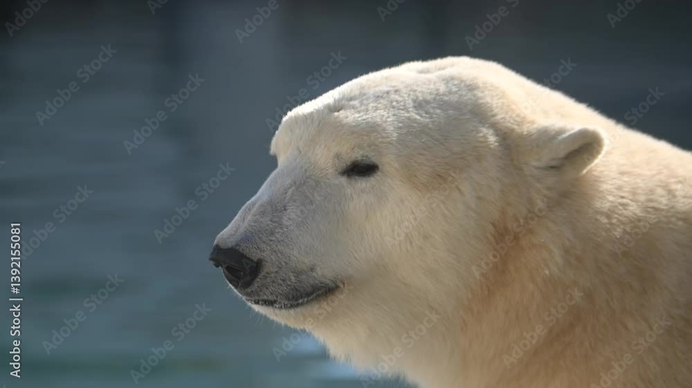 Big wild polar bear near water in national park basking in morning rays Big wild polar bear near water in national park basking in morning rays