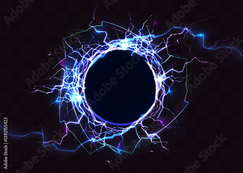 Blue lightning and thunderstorm effect in a circle. Realistic 3d storm. Bright and powerful thunderstorm on black background. Vector illustration