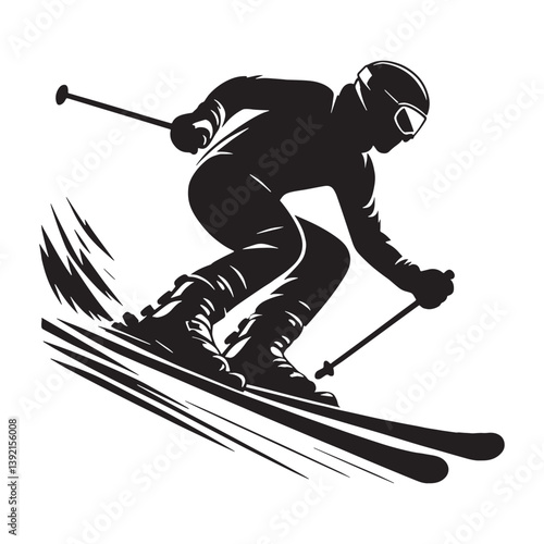 Adventurous Alpine Skier silhouette, exploring the snowy wilderness – Skier illustration – Minimalist skier vector – Skier silhouette

