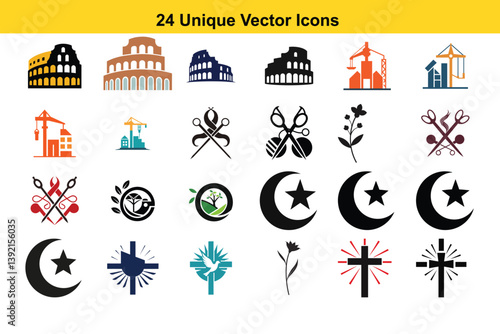 A flat vector set features zodiac sign icons, a celestial collection of astrological symbols and illustrations