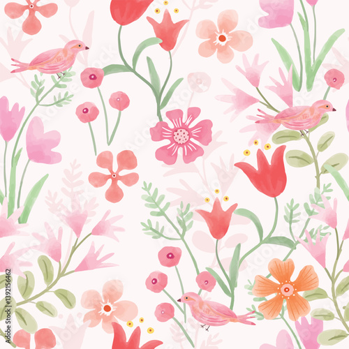Wallpaper Mural Beautiful watercolor pink bird in pink orange flower with green leaf seamless pattern Torontodigital.ca