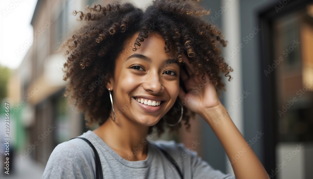 Fototapeta premium Beautiful African American Woman Smiling Outdoors With Curly Hair Portrait