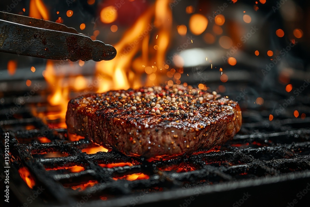 Ribeye Steak Grilled Over Open Flames with Tongs and Sparkling Smoke Ribeye Steak Grilled Over Open Flames with Tongs and Sparkling Smoke
