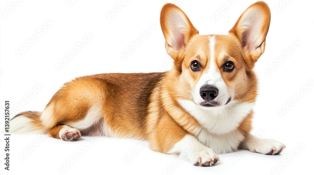 Adorable corgi lying down against white background. Possible use Pet, animal, dog Adorable corgi lying down against white background. Possible use Pet, animal, dog
