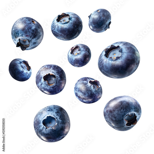 Juicy blueberries floating freely on a transparent background.
