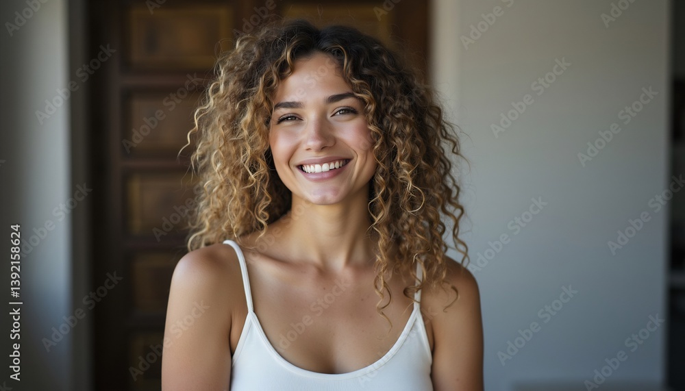Fototapeta premium Beautiful Smiling Woman With Curly Hair Portrait Indoor Natural Light