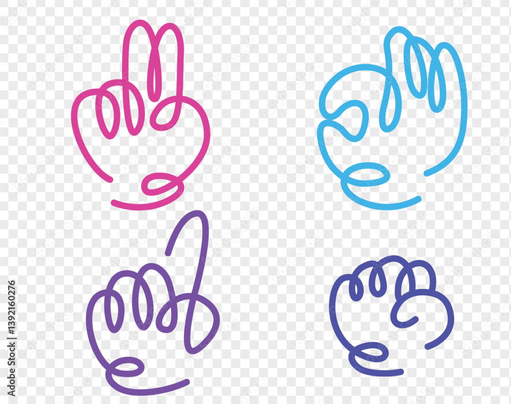 Obraz premium Collection of four unique stylized vector illustrations of hands in different neon colors on a white background. Expressiveness through gestures, emphasizing form, lines and symbolism