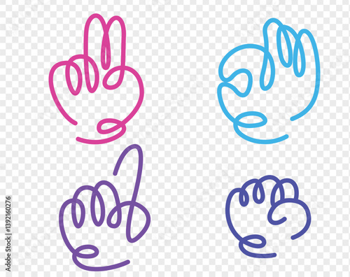 Collection of four unique stylized vector illustrations of hands in different neon colors on a white background. Expressiveness through gestures, emphasizing form, lines and symbolism