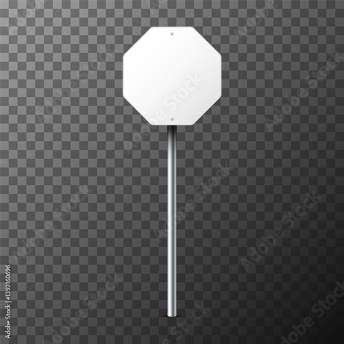 Realistic white hexagonal traffic sign on metal pole on transparent background. Blank highway board with place for text or information. Directional wayfinder, signpost symbol. Vector illustration