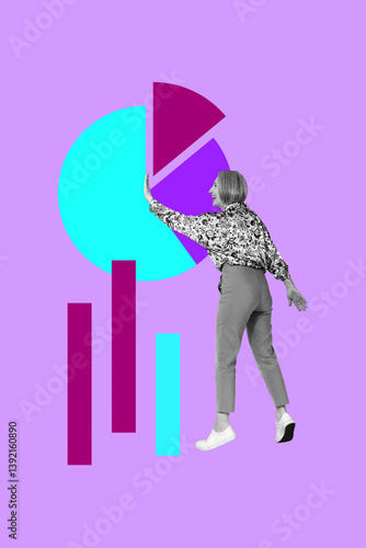 Vertical art 3d creative image collage of happy businesswoman stand chart development diagram statistics progress aim achievement