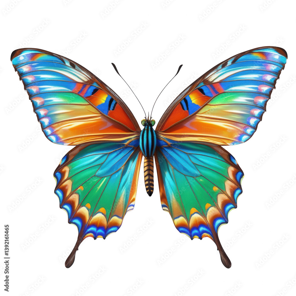 A vibrant, iridescent butterfly, a symbol of transformation and beauty, showcased against a stark white background, emphasizing its intricate details and jewel-toned wings. A vibrant, iridescent butterfly, a symbol of transformation and beauty, showcased against a stark white background, emphasizing its intricate details and jewel-toned wings.