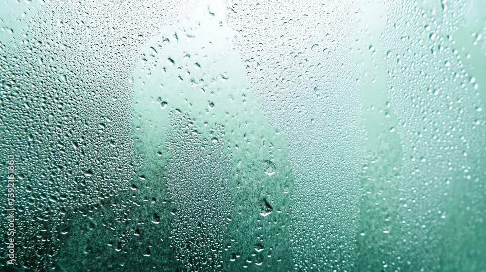 Water droplets on glass, a foggy window, a teal-colored background, a bokeh effect, a blurry background, an abstract background, monochromatic, minimalist Water droplets on glass, a foggy window, a teal-colored background, a bokeh effect, a blurry background, an abstract background, monochromatic, minimalist
